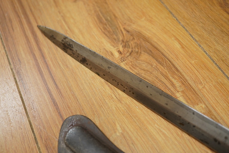 An 1845 pattern infantry officer’s sword by Henry Wilkinson, number 19387, regulation hilt, (fish skin covering missing), in its iron scabbard. Condition - fair to good.